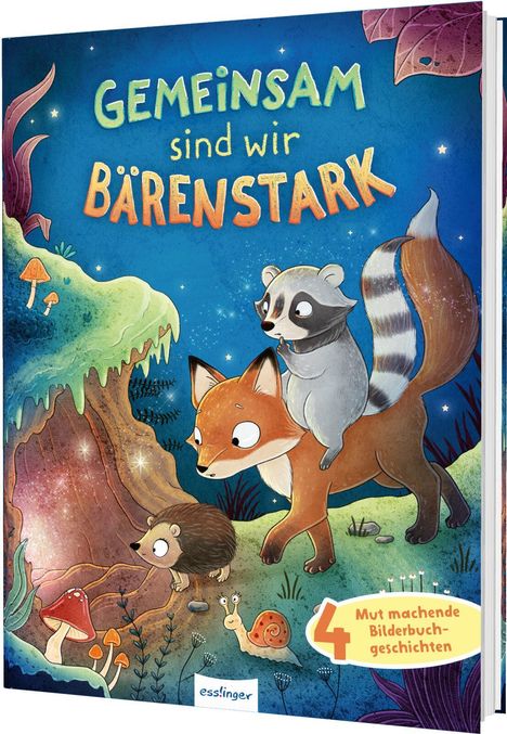 „Gemeinsam sind wir bärenstark“. Illustration mit Fuchs, Waschbär, Igel und Schnecke im Wald.