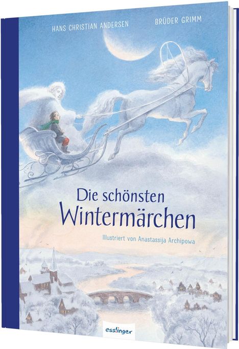Text: "Hans Christian Andersen, Brüder Grimm. Die schönsten Wintermärchen. Illustriert von Anastasija Archipowa."

Illustration eines Pferdeschlittens.