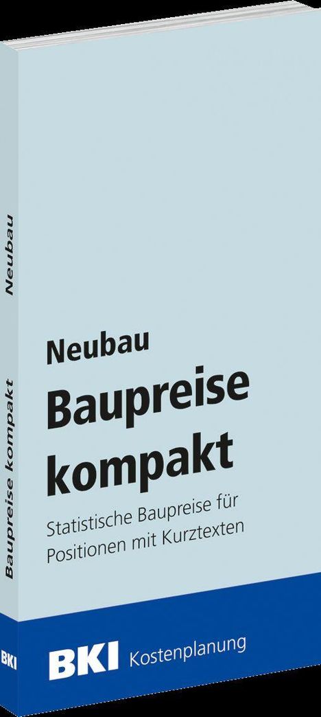 Buchcover "Neubau Baupreise kompakt". Hellblau mit blauem Streifen unten und dem BKI-Logo.