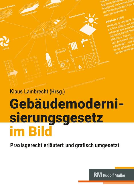 "Klaus Lambrecht (Hrsg.) Gebäudemodernisierungsgesetz im Bild. Praxisgerecht erläutert und grafisch umgesetzt. RM Rudolf Müller." 

Oben diverse Bauplandarstellungen auf orangem Hintergrund.