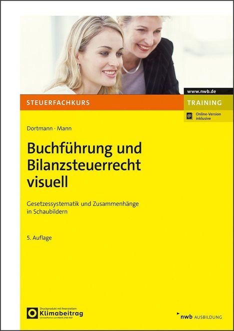 "Buchführung und Bilanzsteuerrecht visuell", 5. Auflage, Cover in Gelb, oben Foto von zwei lächelnden Frauen.
