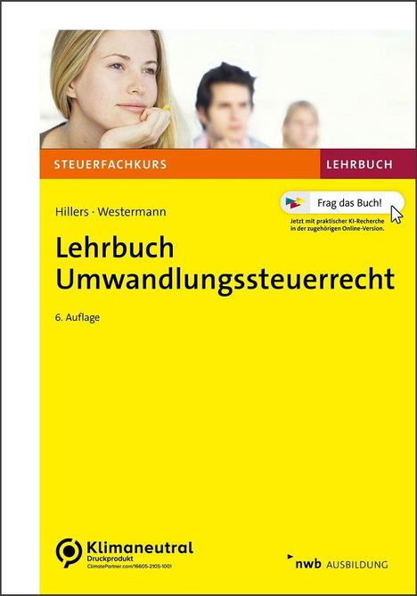 Lehrbuch Umwandlungssteuerrecht, 6. Auflage, enthält ein Foto von Menschen. "Frag das Buch!"-Hinweis auf KI-Recherche.