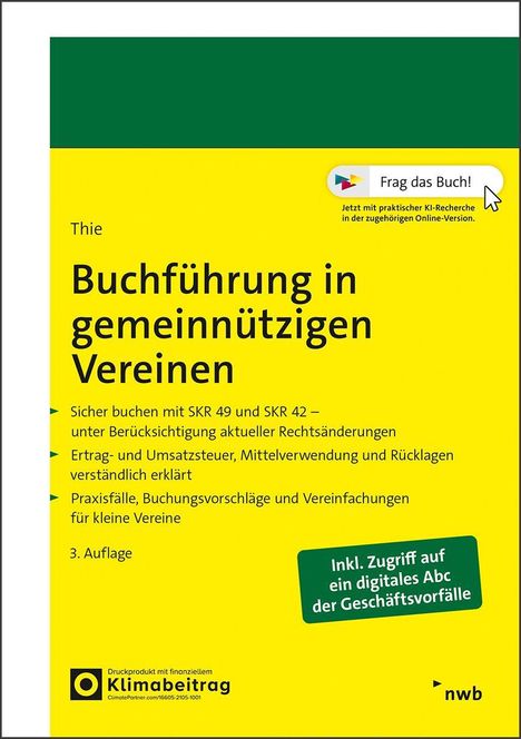 "Buchführung in gemeinnützigen Vereinen", Tipps und Praxishilfen, gelbes Cover, grünes Element, Verweis auf KI-Recherche.