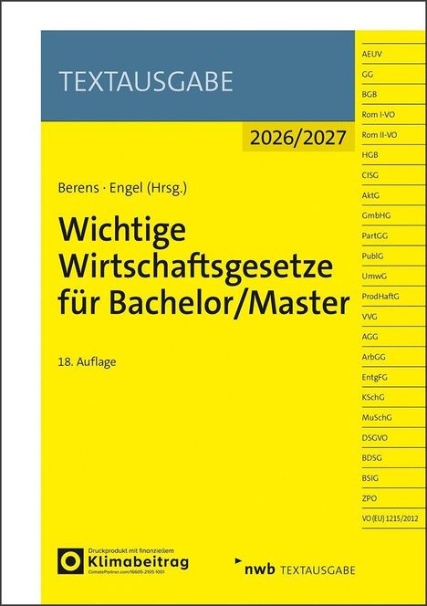 Textausgabe 2026/2027: Wichtige Wirtschaftsgesetze für Bachelor/Master, 18. Auflage. Gelbes Cover mit blauer Leiste.