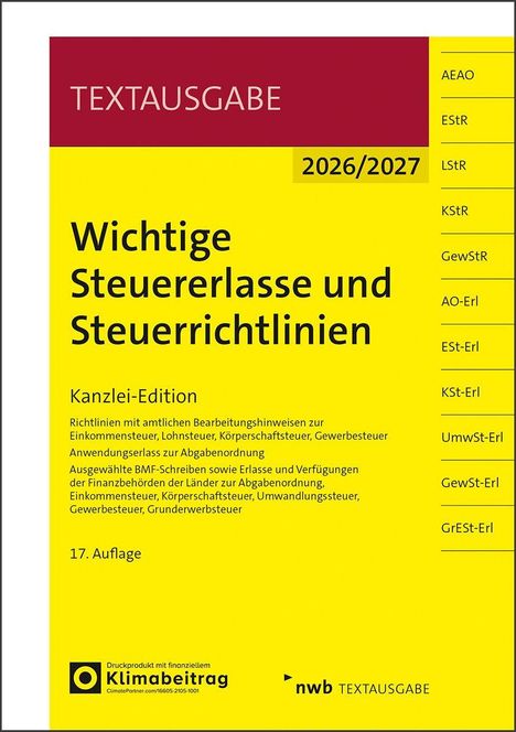 Textausgabe 2026/2027: Wichtige Steuererlasse und Steuerrichtlinien. Kanzlei-Edition, 17. Auflage, gelb-rotes Cover.