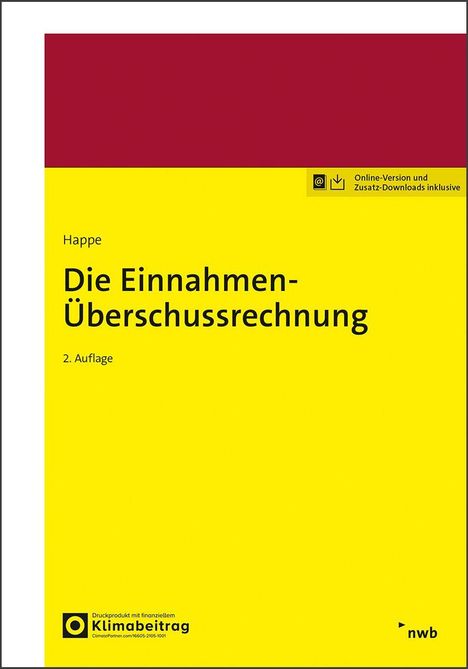"Die Einnahmen-Überschussrechnung", 2. Auflage, Autor: Happe. Gelber Hintergrund, oben roter Banner, kleines nwb-Logo.