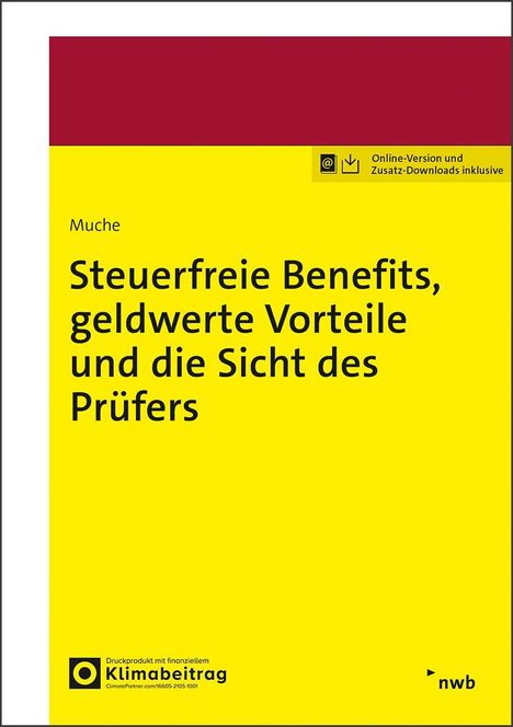 Muche: Steuerfreie Benefits und geldwerte Vorteile. Gelbe Buchseite mit rotem Balken oben und Klimabeitrag-Logo unten.