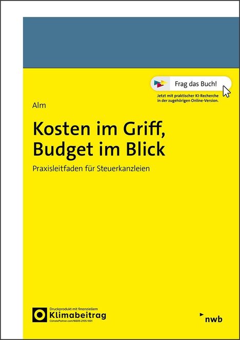 Oben mittig: "Frag das Buch!", darunter ein Hinweis auf KI-Recherche. Gelbes Cover. Text: "Kosten im Griff, Budget im Blick".