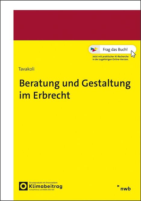 „Beratung und Gestaltung im Erbrecht“, Tavakoli, gelber Hintergrund, roter Streifen oben, „Frag das Buch!“ mit Pfeil-Icon.