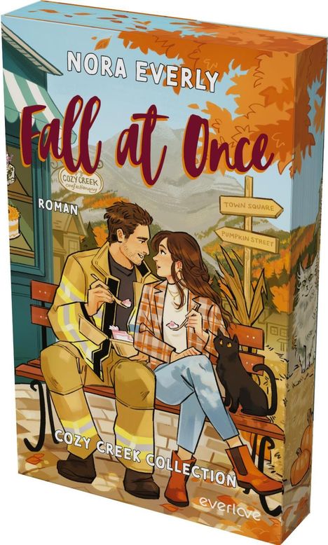 Die Texte sagen: "Nora Everly, Fall at Once, Roman, Cozy Creek Collection." Eine Illustration eines Paares auf einer Bank.