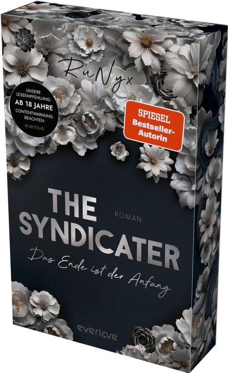 "THE SYNDICATER: Das Ende ist der Anfang", ab 18, SPIEGEL Bestseller-Autorin, umgeben von grauen Blumen.