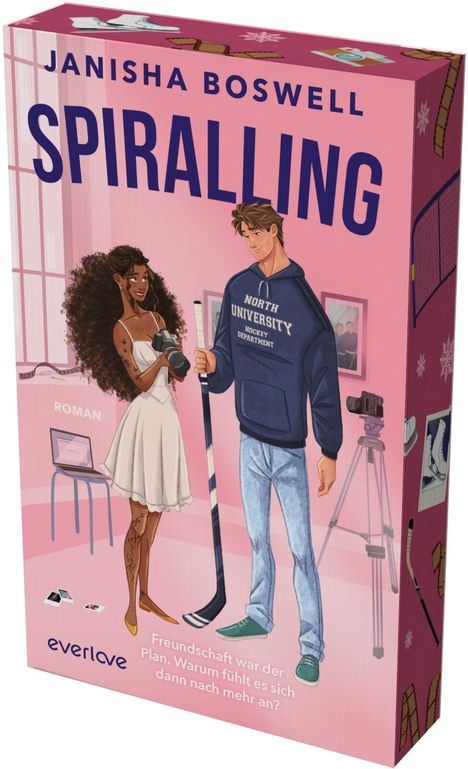 „Janisha Boswell - Spiralling“, „Freundschaft war der Plan. Warum fühlt es sich dann nach mehr an?“ Eine Frau mit Kamera, ein Mann mit Hockeyschläger.