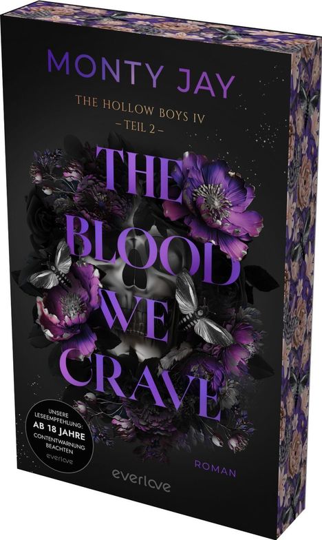 "THE BLOOD WE CRAVE" in lila Schrift vor einem Blumen-Schädel-Motiv. Text: Ab 18 Jahre, Contentwarnung beachten.