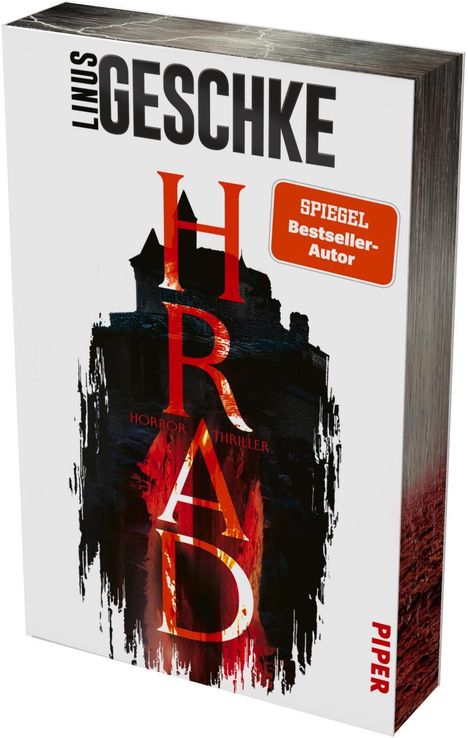 Text: "LINUS GESCHKE", "HRAD", "Horror Thriller", "SPIEGEL Bestseller-Autor", "PIPER". 

Buchcover mit dunklem Schloss und roten Lettern.