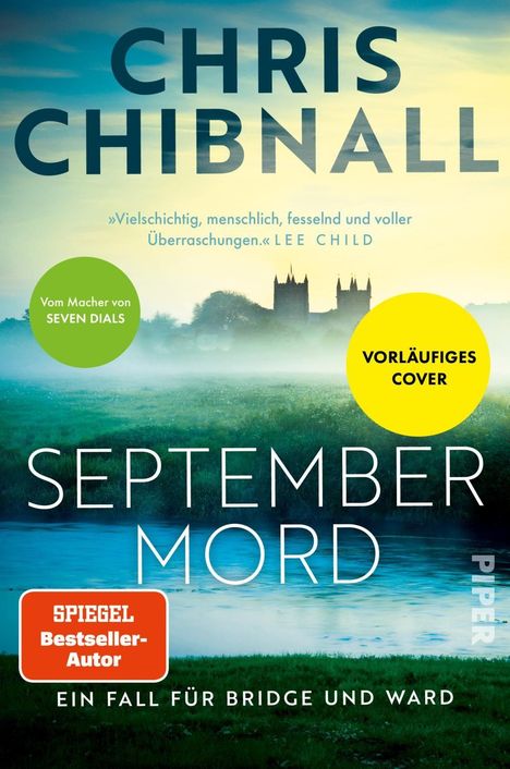 "SEPTEMBER MORD: Ein Fall für Bridge und Ward" ist in großen Buchstaben zu lesen. Nebeliges Feld mit Silhouette einer Kirche.