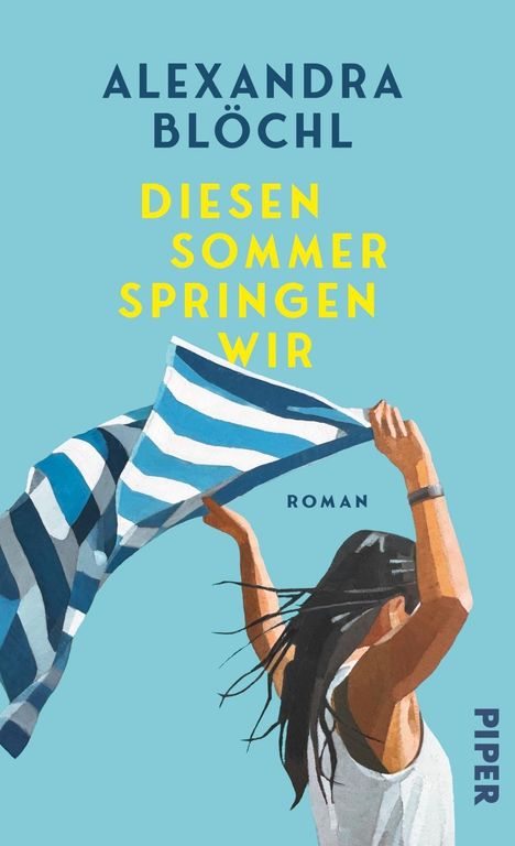 Oben: "Alexandra Blöchl", darunter "Diesen Sommer springen wir". Illustrative Frau mit gestreiftem Tuch.