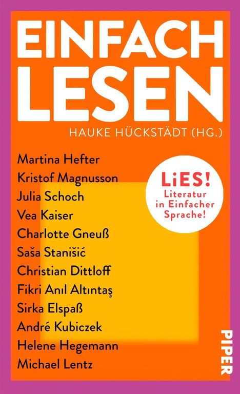Buchtitel in großen Buchstaben: "EINFACH LESEN". Autorenliste und Hinweis auf Literatur in einfacher Sprache.