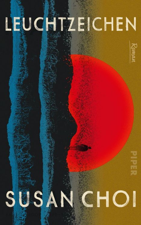 „Vorläufiges Cover“. Titel: „Leuchtzeichen“. Autor: „Susan Choi“. Hintergrund in Wellen, halb rot, halb grün-blau.