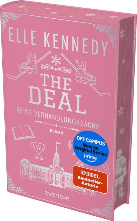 „ELLE KENNEDY THE DEAL REINE VERHANDLUNGSSACHE“ steht groß. Illustrationen: Schlittschuhe, Trophäe, Gebäude.