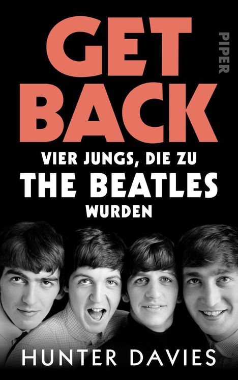 "GET BACK THE BEATLES" oben in großen Buchstaben. Darunter vier junge Männer lächelnd in Schwarz-Weiß.