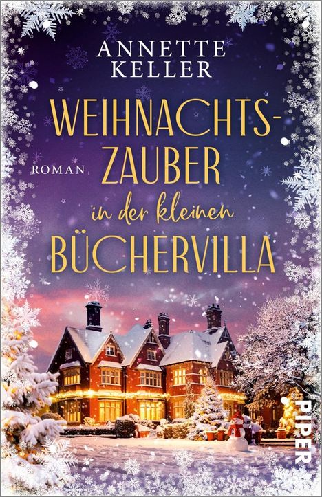 Ein winterlich dekoriertes Haus mit Lichtern, umgeben von Schnee. Der Titel lautet "Weihnachtszauber in der kleinen Büchervilla".
