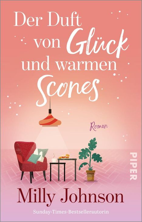 „Der Duft von Glück und warmen Scones.“ Illustration: Roter Sessel, Tisch mit Teetasse, Scones, Pflanze, Lampe.