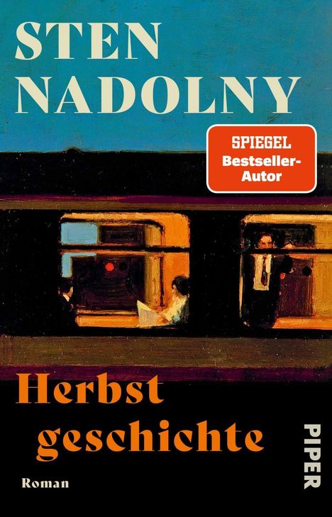 Oben steht "STEN NADOLNY", darunter "Herbstgeschichte". Illustration eines Zuges, Menschen lesen darin.