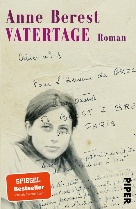 Text: "Anne Berest VATERTAGE Roman", "SPIEGEL Bestseller". Ein Foto einer jungen Frau, Hintergrund mit handgeschriebener Notiz.