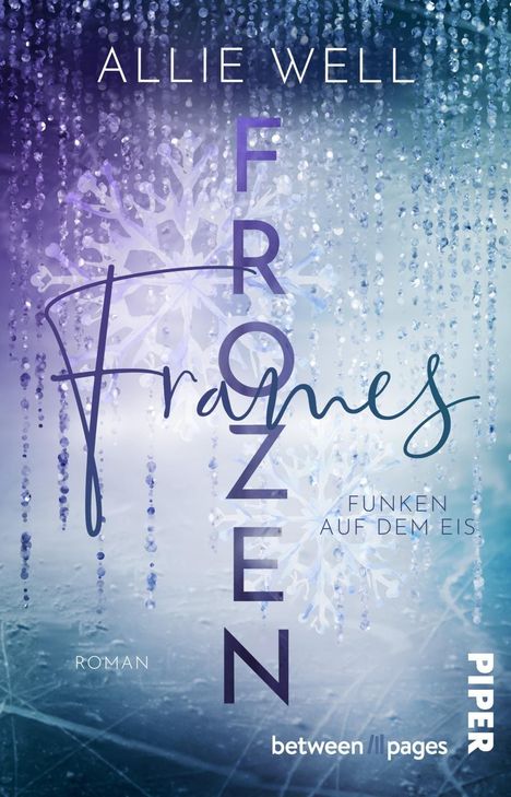 „FROZEN FRAMES“, „FUNKEN AUF DEM EIS“, „ALLIE WELL“. Eiskristalle und Tropfen vor einem blauen Hintergrund.