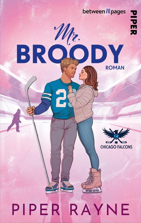 „Mr. Broody Roman“, „PIPER“, „between || pages“, „CHICAGO FALCONS“. Illustration eines Paares auf einer Eisbahn.