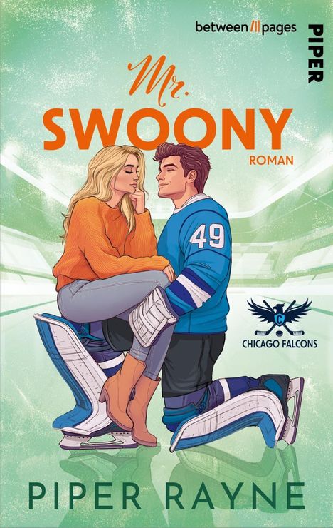 „Mr. Swoony“, „Roman“. Illustration: Frau auf Schoß eines Eishockeyspielers. Logo: "Chicago Falcons".