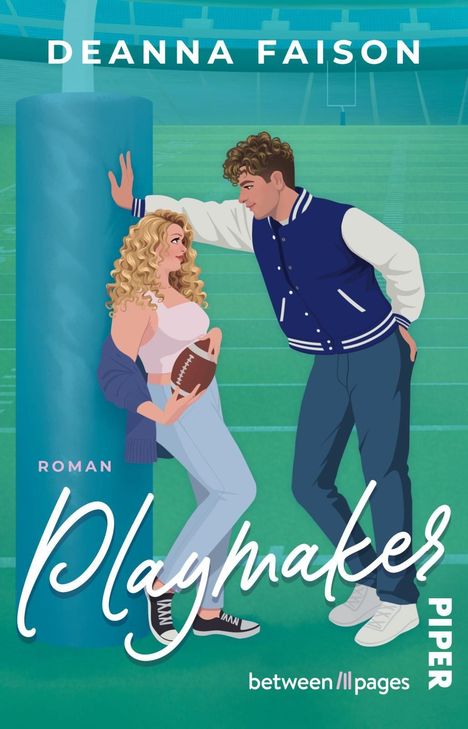 „DEANNA FAISON“, „ROMAN“, „Playmaker“, „between ll pages“, „PIPER“. Illustration: Frau mit Football, Mann im Stadion.