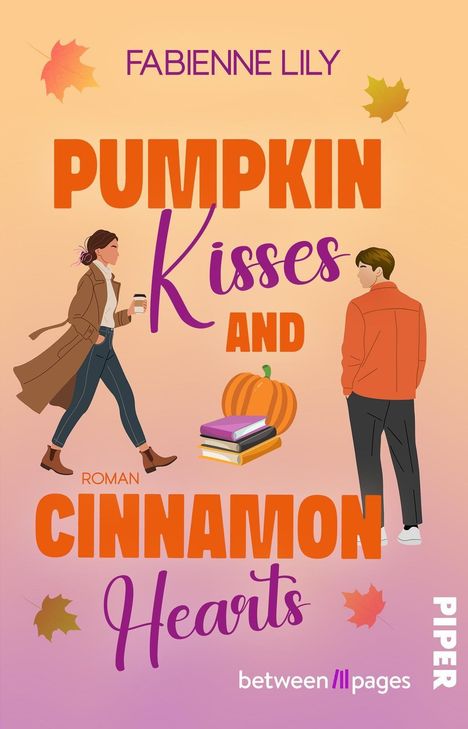 "Pumpkin Kisses and Cinnamon Hearts, Roman." Illustration: Frau mit Kaffeetasse, Mann, Kürbis, Bücher, bunte Blätter.