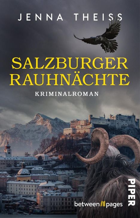 "Jenna Theiss. Salzburger Rauhnächte. Kriminalroman. Ein Rabe fliegt über eine verschneite Stadt mit Burg und Bergen."