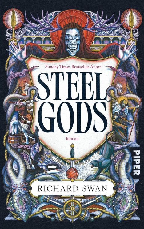 "Sunday Times Bestseller-Autor", "STEEL GODS", "Roman", "RICHARD SWAN", "PIPER". Illustration: Skelett mit Hörnern, Meeresthema.