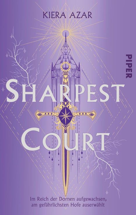 "Sharpest Court", Kiera Azar, lilafarbenes Cover, verziertes Schwert, elegante Äste und Muster, Text bewegt sich dynamisch.