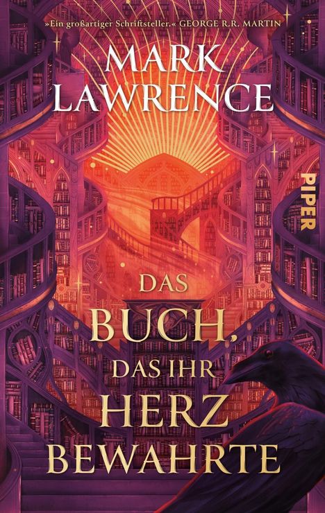 "Das Buch, das ihr Herz bewahrte" von Mark Lawrence. Ein Labyrinth aus Büchern und ein Rabe sind zentral dargestellt.