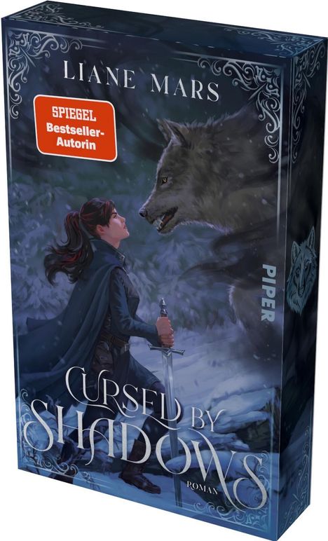 "Oberer Text: Liane Mars. Mittig: SPIEGEL Bestseller-Autorin. Unten: Cursed by Shadows. Eine Frau hält ein Schwert vor einem Wolf."