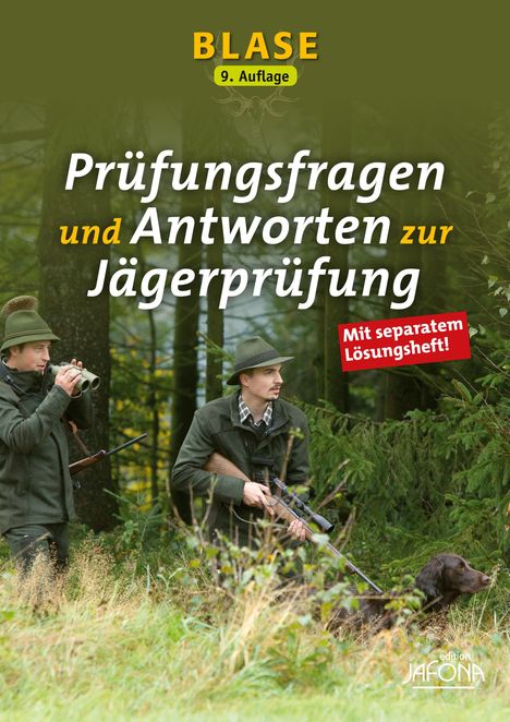 "BLASE 9. Auflage" Buchcover mit zwei Jägern im Wald; einer mit Fernglas, der andere mit Gewehr und Hund.