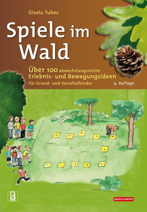 "Spiele im Wald" zeigt Kinder, die im Grünen spielen. Eine Illustration mit Bäumen und gelben Quadraten auf dem Boden.