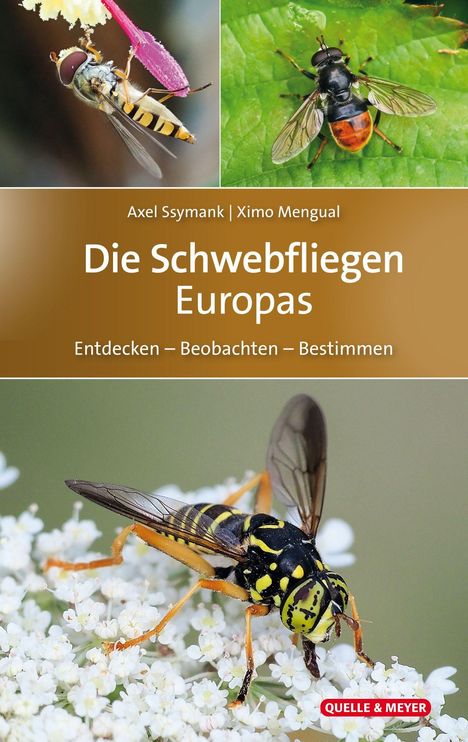 Titel: "Die Schwebfliegen Europas: Entdecken – Beobachten – Bestimmen"; Bilder von Schwebfliegen auf Blüten und Blättern.
