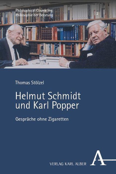 Buchtitel: "Helmut Schmidt und Karl Popper - Gespräche ohne Zigaretten" von Thomas Stölzel. Zwei ältere Männer am Tisch.