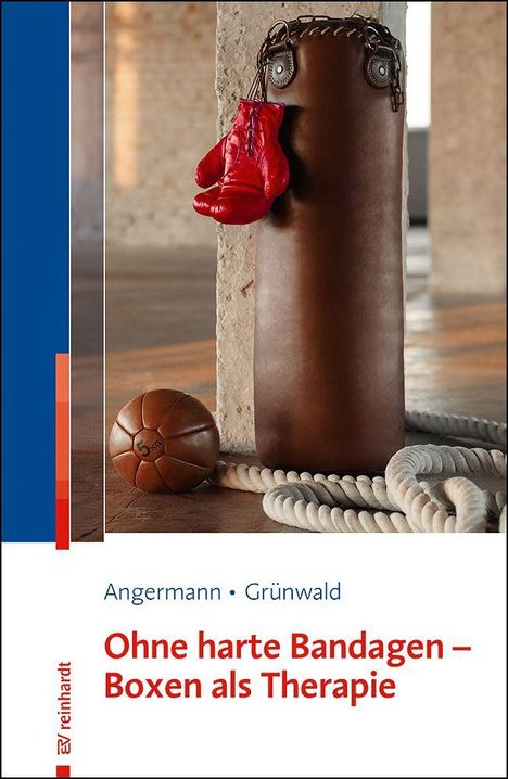 Text: Ohne harte Bandagen – Boxen als Therapie. Autoren: Angermann, Grünwald. Ein Boxsack mit roten Handschuhen.