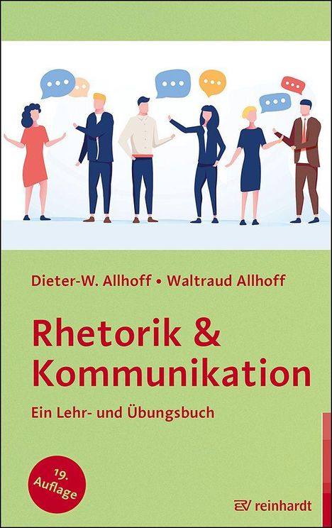 "Rhetorik & Kommunikation, Ein Lehr- und Übungsbuch, 19. Auflage." Illustration von Menschen mit Sprechblasen.