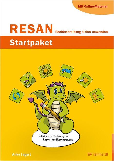"RESAN: Rechtschreibung sicher anwenden, Startpaket." Ein grüner Drache hält einen Stift. Im Hintergrund bunte Symbole.