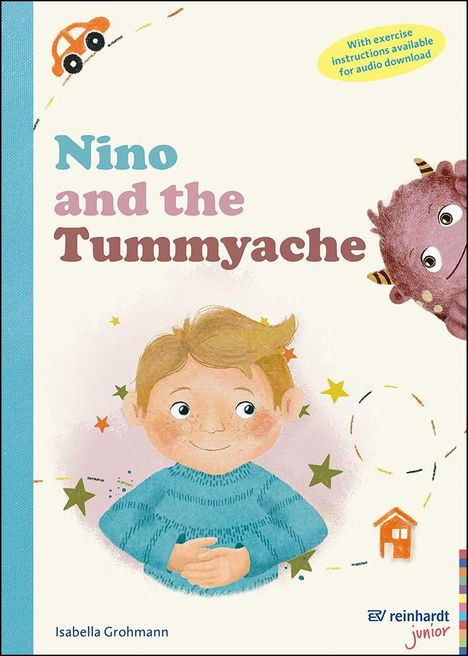 "Nino and the Tummyache" in großen Buchstaben. Ein Junge im blauen Pullover, umgeben von Sternen und einem kleinen Monster.
