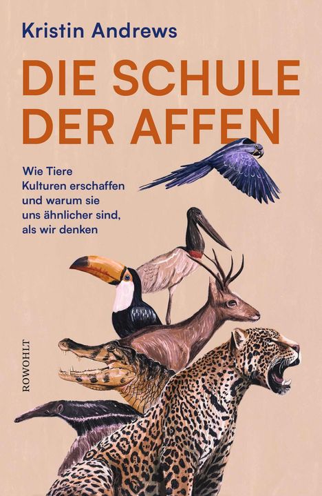 Buchtitel: "Die Schule der Affen" von Kristin Andrews. Illustration von verschiedenen Tieren übereinander gestapelt.