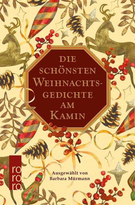 Text: "DIE SCHÖNSTEN WEIHNACHTSGEDICHTE AM KAMIN" und "Ausgewählt von Barbara Mürmann". Illustration mit goldenen Rentieren, Tannenzapfen, roten Beeren und bunten Ornamenten.