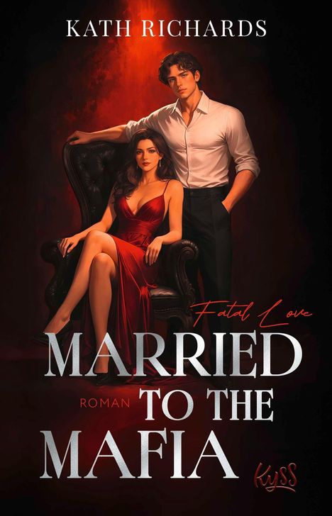 „FATAL LOVE MARRIED TO THE MAFIA“. Frau in rotem Kleid sitzt, Mann mit weißem Hemd stehend daneben.