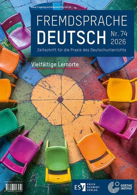 "Fremdsprache Deutsch Nr. 74 2026" und "Vielfältige Lernorte". Bunte Stühle im Kreis auf bemaltem Boden. Logos von ESV und Goethe-Institut.